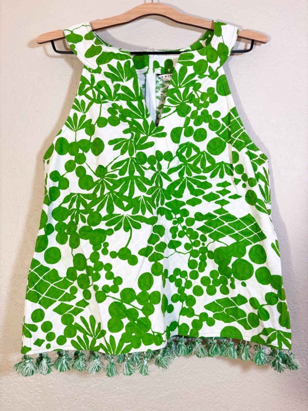 Trina Turk Green White Floral Print Tasseled Tank Top Size L